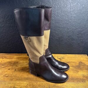 Etienne Aigner Womens Tall Knee High Boots Brown Leather Canvas Side Zip Sz 7.5